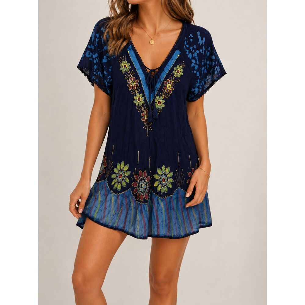 CW Classics Embroidered Boho Mini Dress Women's Large Blue Rayon Tassel Tie